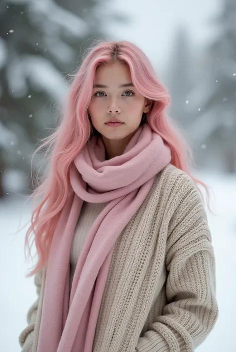 PINK LONG HAIR 26 YEARS OLD GIRL， wears a beige and white knit dress ， with a sweater jacket of the same color and a pink cashmere scarf。In the snow。