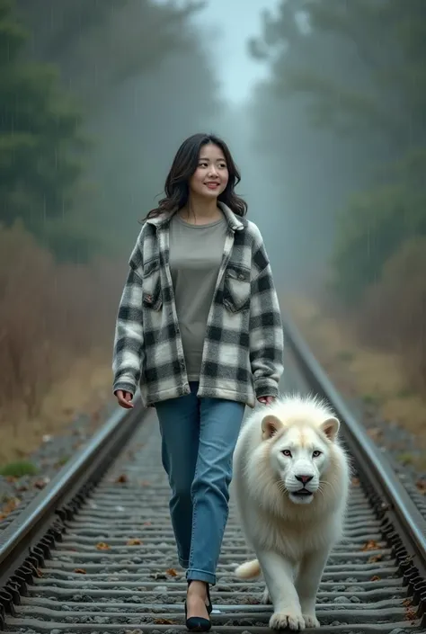 A beauty korean young woman walking on a railway track with a big giant white lion. She is wearing a plaid shirt,t-shirt,jeans and black high heels.she is looking off to the side with a smile expression on her face. The background a rain is blurred, but it...