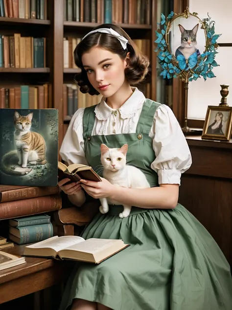 there is a woman sitting at a table with a cat and a book, with small cat on lap, retro and fantasy style, beautiful young catgirl, white ( cat ) girl, beautiful adult library fairy, woman and cat, storybook style, woman with cat ears, white cat girl, ther...