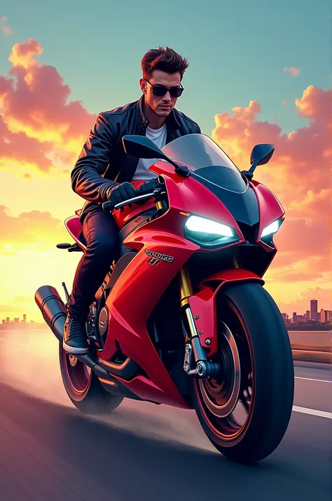 Create a detailed illustration of a person riding a sleek sports motorbike. The rider is a stylish leather jacket, leaning slightly forward in a dynamic pose as if cruising down the open road. These motorbikes have sharp and aerodynamic lines, shining head...