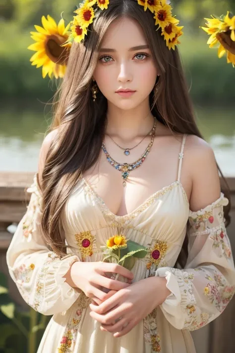 ( Absurdly ,  High Quality  ,  ULTRA DETAIL ) ,( Handmade ) ,  One girl , Alone,  mature,  long hair, Sunflower Hair ,  beautiful crystal eyes  ( Eye details ) Baroque,  necklace,  long dress ,  Long Sleeve ,  elegant ,  colorful ,  best details,  upper bo...