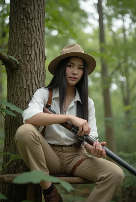 beautiful young thai woman, 24 years old, slender figure, fair skin, long straight black hair, wearing an elegant british safari hunting outfit, white shirt, holding a hunting rifle, sitting on a wooden hunting stand on a large tree in a primeval forest in...