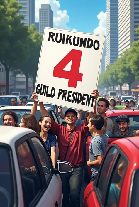 Generate for a good picture of people in traffic jam please a picture of real people not cartoons holding a very big-placard with the word 
“ RUKUNDO 4 GUILD PRESIDENT “
