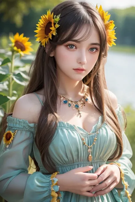 ( Absurdly ,  High Quality  ,  ULTRA DETAIL ) ,( Handmade ) ,  One girl , Alone,  mature,  long hair, Sunflower Hair ,  beautiful crystal eyes  ( Eye details ) Baroque,  necklace,  long dress ,  Long Sleeve ,  elegant ,  colorful ,  best details,  upper bo...