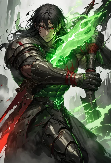 a warrior with dark black hair, cut like Guts, red eyes, a slightly reddish face, a large sword with a dark red blade, a strong and well-trained physique, emitting a green aura, black and green medieval armor, high definition 8k