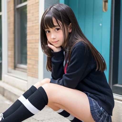  Female Middle School Student、 miniskirt、 knee-high socks、 shy face 