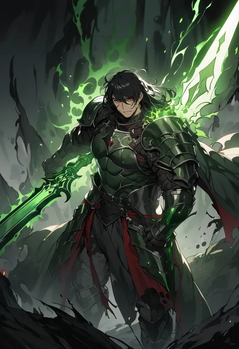 a warrior with dark black hair, cut like Guts, red eyes, a slightly reddish face, a large sword with a dark red blade, a strong and well-trained physique, emitting a green aura, black and green medieval armor, high definition 8k