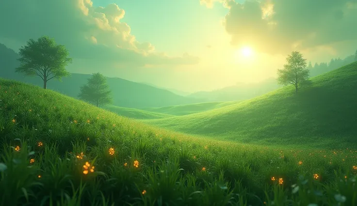 Mysterious Prairie 、Fresh greenery、 Soft Sunlight 、 Mysterious Flowers 、 Heavenly Scenery、 Another World、Different dimension、 Very Realistic 、Realistic、 surreal、masterpiece、 top quality 、 high res、8k、 3d rendering 、 depth of field 、