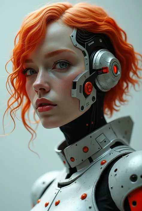 short wavy hair ginger albino woman with a robotic face wearing silver and red cyberpunk techno armor 