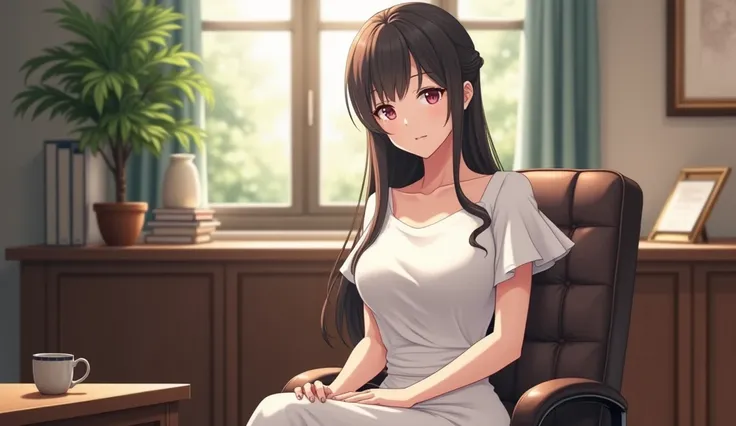  a beautiful female general manager , wear a white dress , sitting on a chair in the office  ,  anime style 