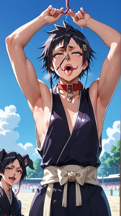 a picture, inspired by Kentaro Miura, trending on pixiv, soifon from bleach, black uniform, favorite scene, fine details, skins, sweating, small breasts, both hands raised, armpits, (small head),armpits visible, dripping with sweat, more more sweat, ((Japa...