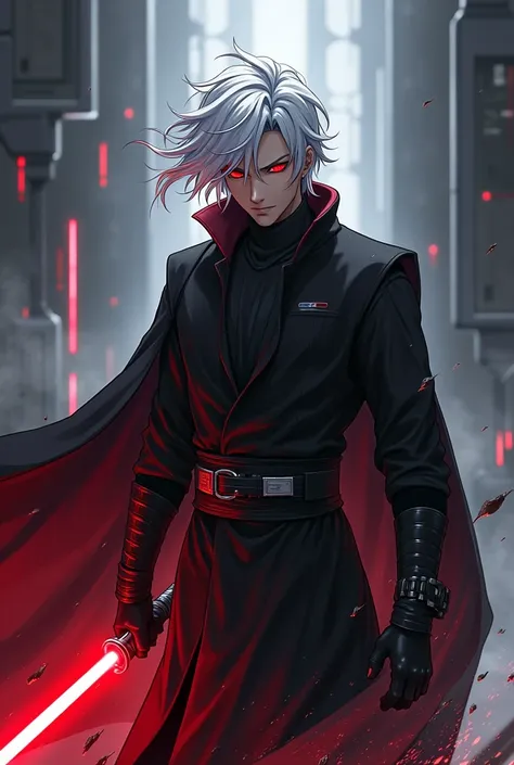 Anime man, white hair, red eyes, star wars, sith, red saber