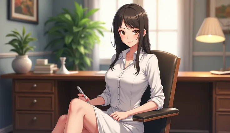  a beautiful female general manager , wear a white dress , sitting on a chair in the office  ,  anime style 