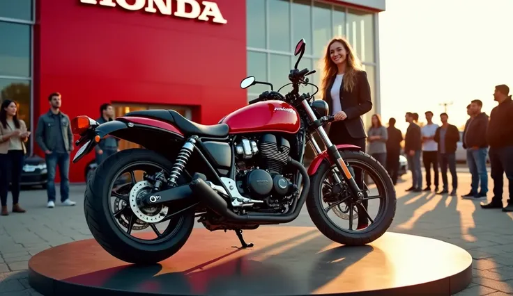 A captivating and dynamic scene of a shiny 2025 Honda rebel 1100, painted in a striking red color. The motorcycle is prominently displayed on a rotating platform outside a massive (  honda) dealership, with the iconic (honda  ) logo illuminating the walls....