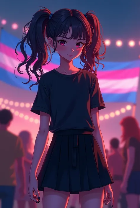 Boy with long curly hair wearing pigtails ,  wearing black nails, black skirt and black t-shirt changing the night at a party with the ANIME-style TRANS flags