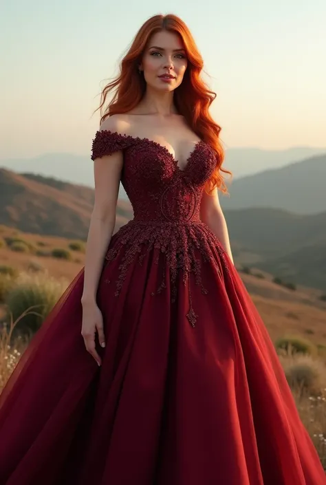 Long view hdr full-body hyper-realistic extremely detailed  image of a beautiful thick, cuvry, 37 year old caucasian American busty  woman with long red layered hair, brown eyes, natural large breasts wearing a beautiful detailed stunning maroon wedding dr...