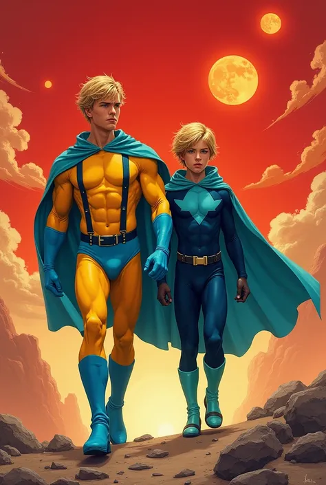 Two Brothers muscular hunk  Caucasian blond Vaughn Harris aka Awesome Boy 18-years-old wearing short sleeve yellow body suit, yellow tights, blue briefs, blue suspenders, blue flowing cape and blue boots  and  athletic fit Caucasian blond teen boy Adrien "...