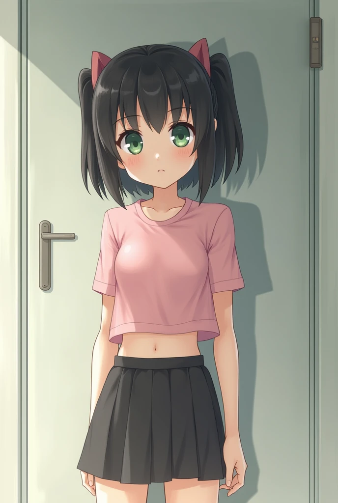 (masterpiece,   high resolution,   top grade), Alone, female, adult, small waist ,  short hair, pigtails , black hair,  cute , girl, pink cheeks ,  green eyes on Adobe, shining ,  pink ,  2000’s style, short skirt, black skirt, tiny shirt, crop top, skinny...