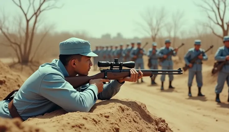 Ultra wide, a soldier of the Eighth Route Army, wearing a light blue uniform, wearing a light blue cap, is lying behind a mound, holding a sniper rifle in his hand, with a precision scope, aiming forward, behind him is a whole army with similar uniforms, h...