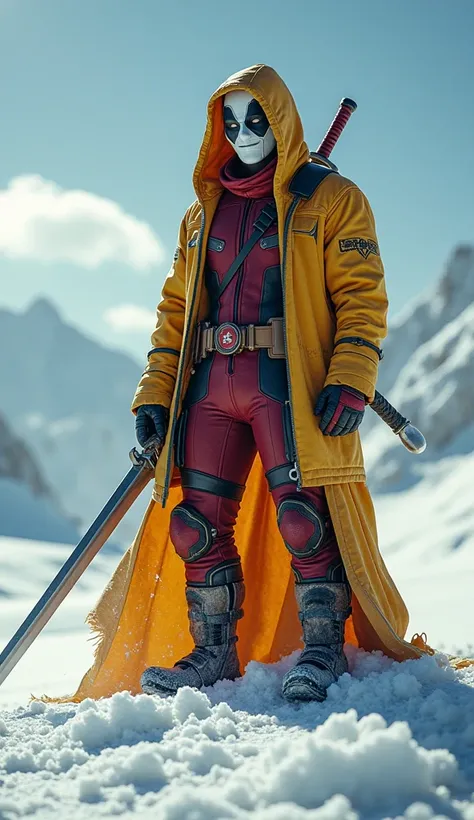  Deadpool robed in gold in the arctic desert,  with a long sword of lightning and ice  ( same sword ,  has both power ). He wears a joker mask  ( mask of white color ) dan detail naga putih pada pakaiannya,   Despite being in an arctic environment,  the co...