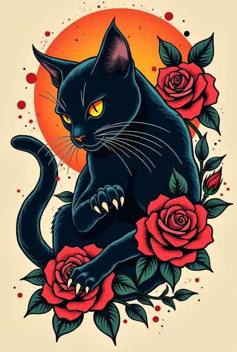 Design an old school tattoo depicting a black cat scratching with its claws,  with thick lines and vibrant colors ,  and that includes classic elements of the old school style such as roses , thorns and geometric patterns .