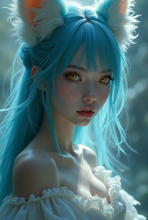 A woman with fox tails, blue hair, and yellow eyes, detailed intricate fantasy portrait, beautiful detailed eyes, beautiful detailed lips, extremely detailed face and hair, long eyelashes, elegant fantasy outfit, soft ambient lighting, cinematic compositio...