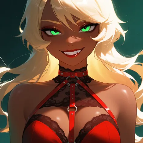  OC, female, semi realism, dark tanned skin, red lips, blonde eyebrows, perfect face, long wavy light Ashe blonde hair with bang,  half-closed Green eyes, evil smile, red glamorous, sweet aesthetic, harness and lace mystic, mystic luminescent, sexy