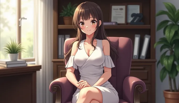 
 a beautiful female general manager , wear a white dress , sitting on a chair in the office  ,  anime style 