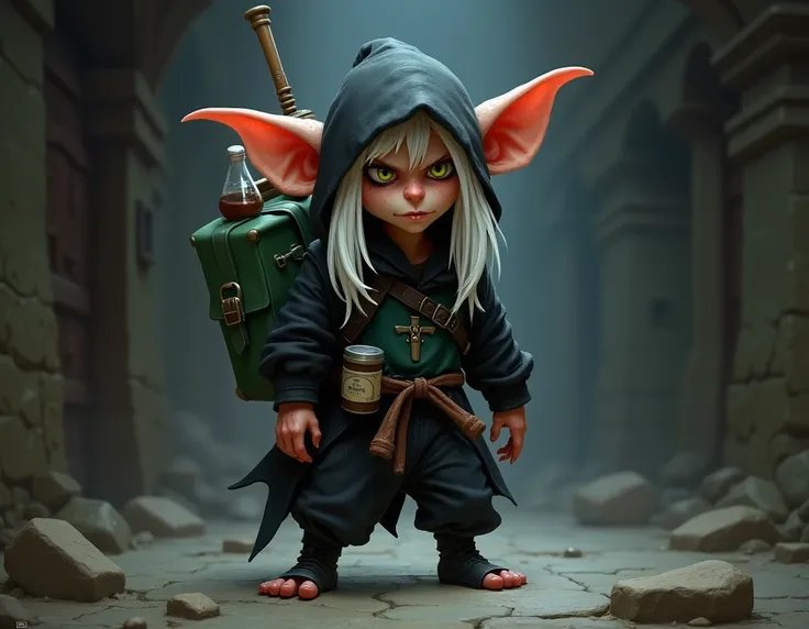 small, male goblin, black hood, long white hair, black thief attire, green undershirt, long slack pants, black ninja shoes, green backpack, alchemist supplies, scar on eye, mean looking