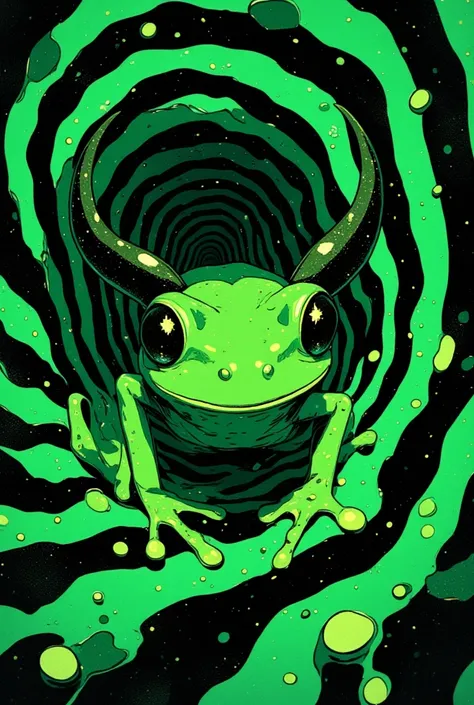  Horned frog peeking out of a green and black striped background, Deep green horned frog  ,  Frog Emerging from Nothing  , Lisa Frank Portrait  ,  Violet Porsangi Pop Art ,  LSD ripples  , Shining Eyes,  Alex Greys Frog  ,  Laser Eye Frog  ,  Realistic Wav...