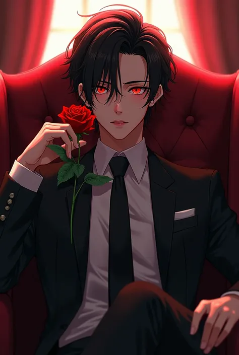 ((Real, One person, Handsome guy)),  sit in a chair,  wear a suit , Rose,  raise your head , Red eyes, Black hair, Bright lights 