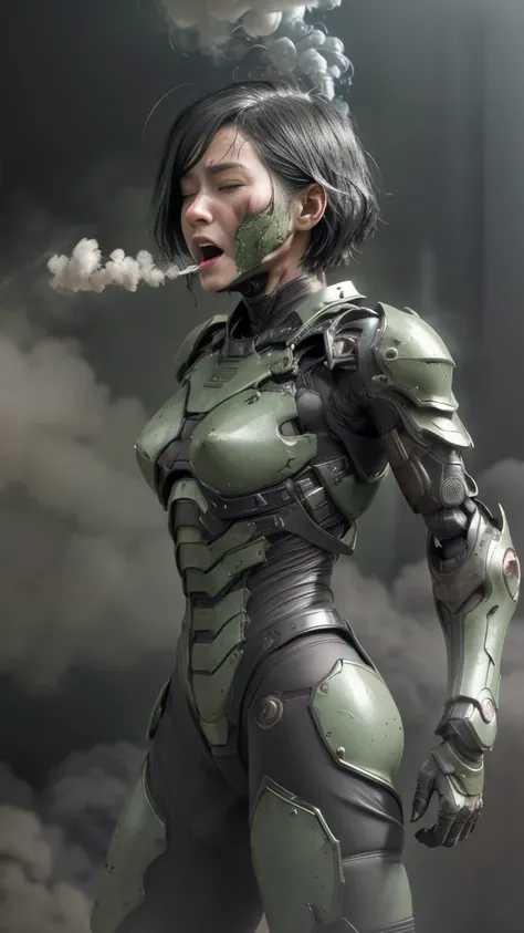 ,  非常に   Detailsな,    Details,    high image quality, 最   high image quality,       high res   , 1080P 、   smoke coming out of the wound    　   green armor   、    Steam comes out   、 cute((全身のSerious damage))(    injured woman in a robotic suit ...)()(Brok...