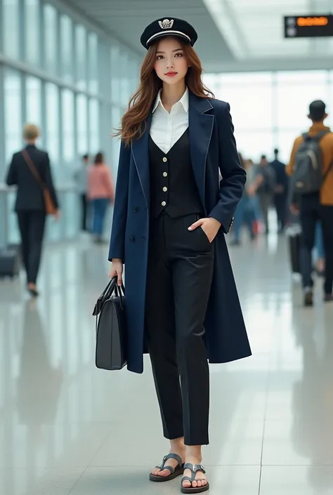 Girl at an airport wearing a white shirt, black vest, navy blue coat with a pilot hat in a gray thong