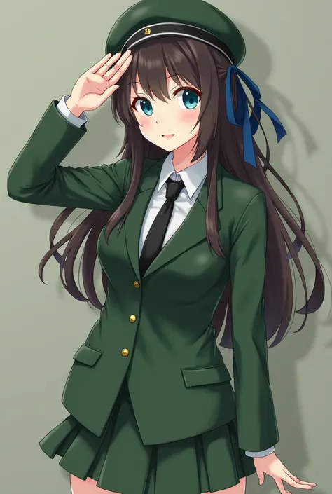 japanese woman army beret uniform,necktie green jacket suit green tight skirt,twoshot jgsdf green suit salute,army base, long hair, bangs, blue eyes, black hair, ribbon, hair ribbon, blue ribbon, hair over shoulder, medium breasts,brown hair, brown eyes, l...