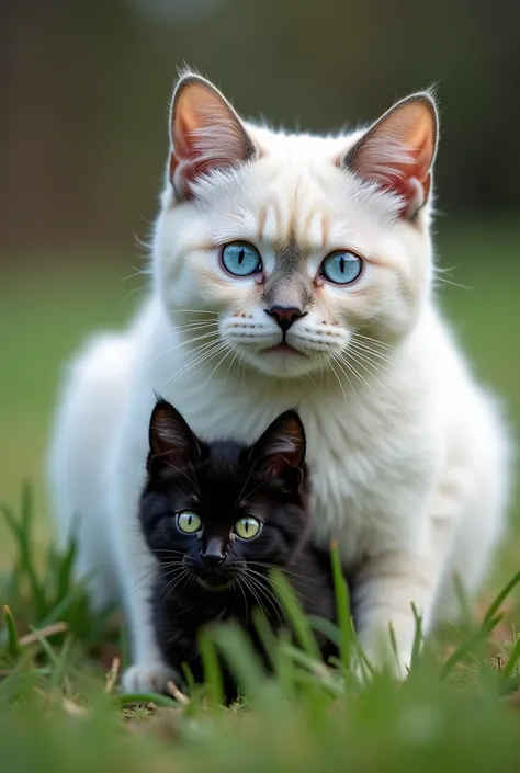 Common European cat breed short coat white according to Google images with large Siamese cat blue eyes and black baby cat green eyes 