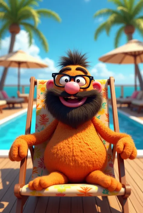 "Muppet-style character who is seated in a beach chair on a Costa Favolosa Cruise Ship.  who has a beard, wear eyeglasses and his name is Ezequiel "