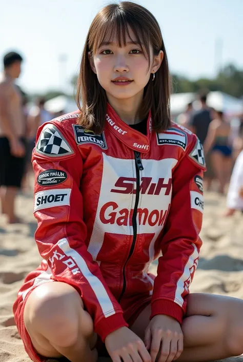  super real ,  photorealistic,  Dramatic scene , shadow, Global Illumination, Alone,  very beautiful Japanese woman,  she is a high school student but a professional motorcycle racer ,  very pretty and very cute but masculine cool face ,  she has a Honda C...