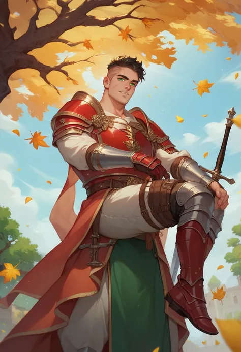 a tree man, strong, his hair made of yellow leaves, emerald green eyes, carrying a blessed sword with the appearance of He-Mans sword, red scars below the eye, an ancient medieval red armor, high definition 8k