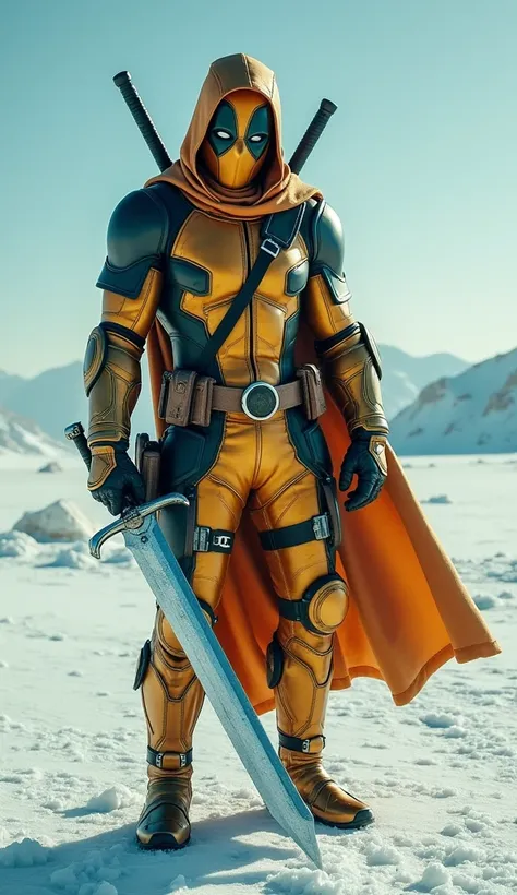  Deadpool gold armor in the arctic desert,  with a long sword of lightning and ice  ( same sword ,  has both power ). Dia memakai topeng naga (green color mask ) dan detail naga putih pada pakaiannya,   Despite being in an arctic environment,  the color of...