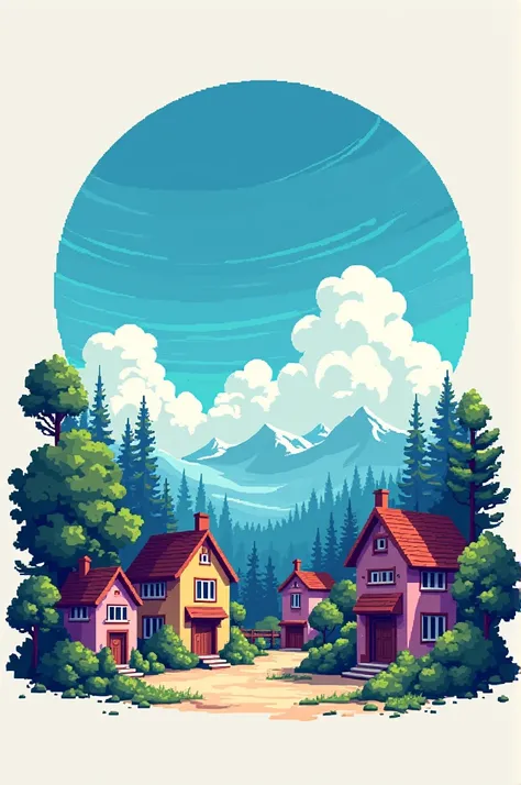 Vintage-style illustration of pixel village in a colorful retro design. The village is so peacefull. The background is clean and white, with bold neon colors like black, white, and blue for sky to highlight the classic arcade vibe.