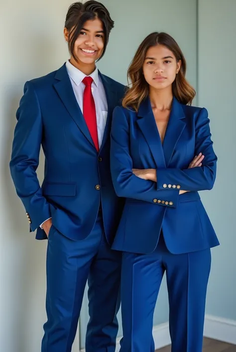 A man wearing an electric blue suit , camisa blanca,  red tie and a woman wearing the dress in my reference photo 