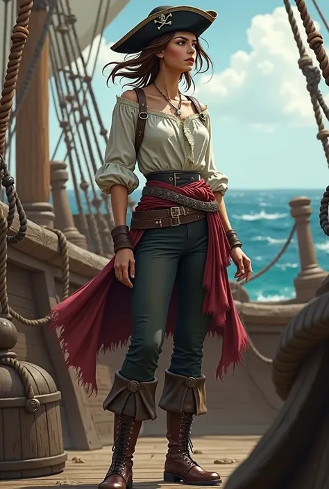  A slender female pirate captain wearing captains clothing with a round neck blouse, short brown hair and medium height captains clothing coat 