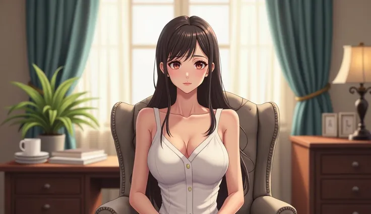  a beautiful female general manager , wear a white dress , sitting on a chair in the office  ,  anime style 