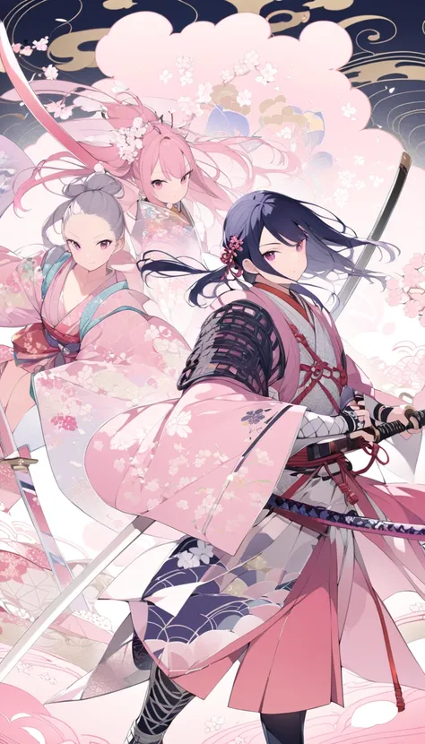 silver pink 0 .5、 half up hair、Japanese pattern、 kimono、 girl、Swordsman、 samurai、 boots、Long sword、