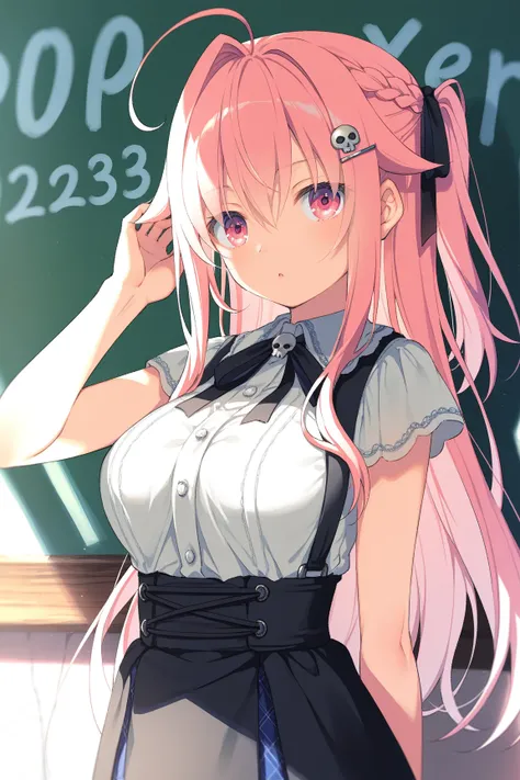   1girl, pink eyes,long hair,hotpink hair,{1hair_ribbon_only},half up,braid,long sidelocks,ahoge,(long single hair intake:1.2),half updo,one side up,1hair flaps,hair between eyes,{{skull hairclip}},large breasts,
{toosaka asagi}, asou (asabu202), fuzichoco...