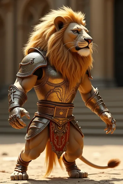 Create a danced video of a lion in armor in high resolution 