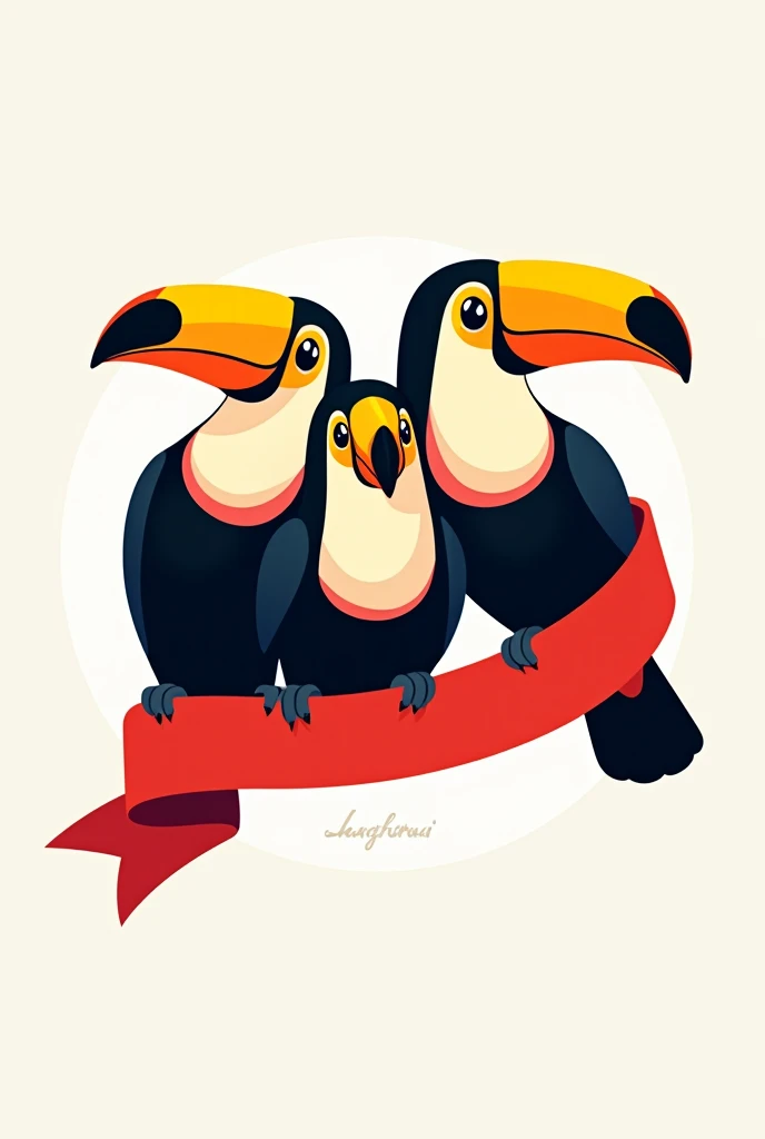 Make a logo with 3 toucans together that wear a red ribbon on their necks