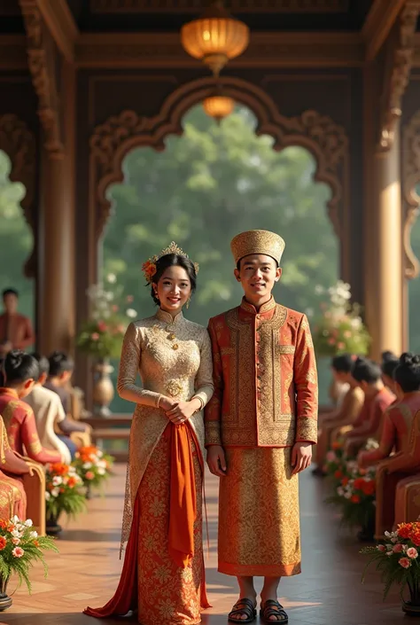 An elegant Indonesian wedding scene featuring a couple dressed in traditional Indonesian attire. The bride is wearing a stunning kebaya with intricate golden embroidery, a traditional hairpiece adorned with jasmine flowers, and a bright batik skirt. The gr...