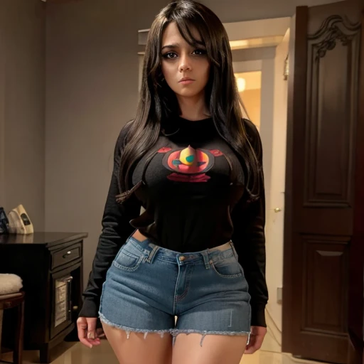 Dark nightmarish movie style, a petite cute shy innocent skinny with monstously huge fat size breasts Mexican nerdy emo teen, short volumetric hair, beautiful detailed brown eyes, cutely detailed lips, super cute highly detailed eyes and face, round shape ...