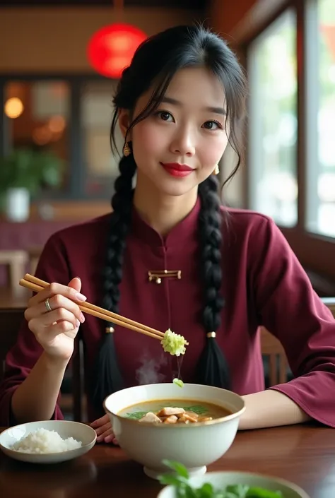  Oriental Young Woman， Hairstyle Braids ， Wearing a dark red high collar ， Sitting in front of a restaurant table ， with chopsticks in your right hand (Hand drawn )， in your left hand Place on the table (Hand drawn )， There is a bowl of rice on the table ，...